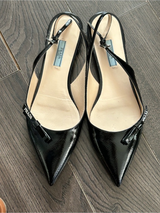 Prada Shoes - Prada Black Patent Leather Slingback Pointed-Toe Flats 40